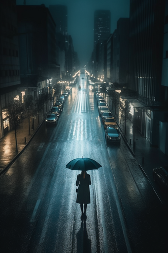 雨天街道撑伞背影远离深夜
