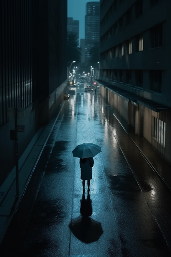 雨天街道撑伞背影雨季孤独