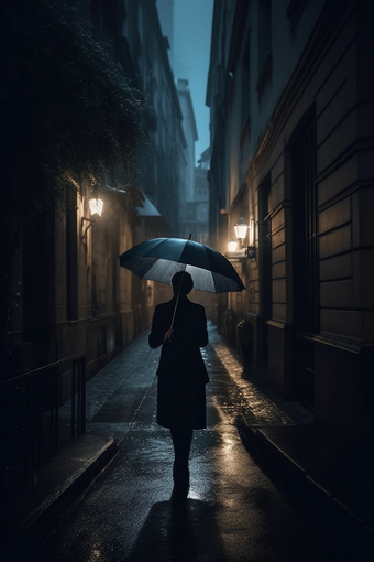 雨天街道撑伞背影人物孤独