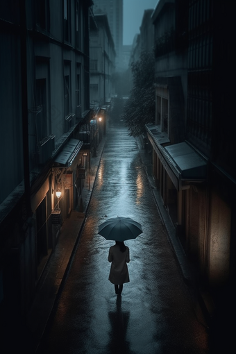 雨天街道撑伞<strong>背影</strong>雨夜晚