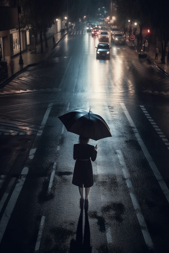 雨天街道撑伞背影人物深夜