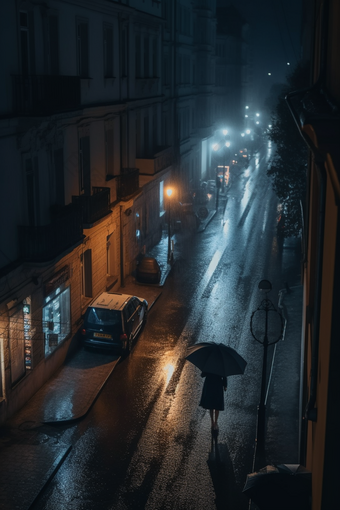 雨天街道撑伞背影雨季冷清