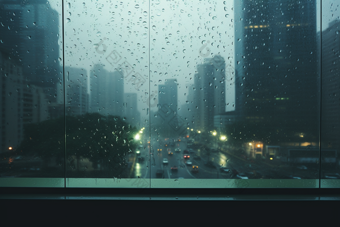 窗外的雨天城市朦胧玻璃高楼