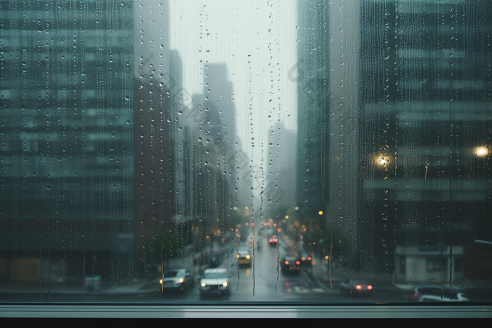 窗外的雨天城市朦胧玻璃大厦