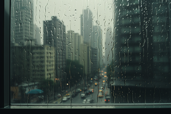 窗外的雨天城市朦胧风景下雨