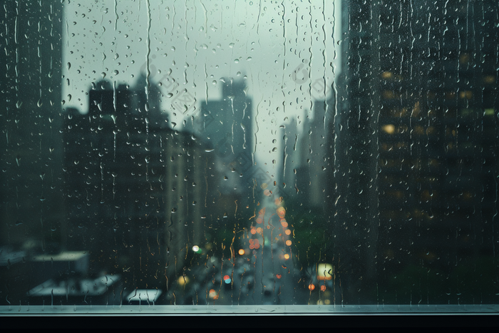 窗外的雨天城市朦胧玻璃建筑