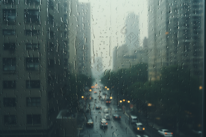 窗外的雨天城市朦胧风景玻璃