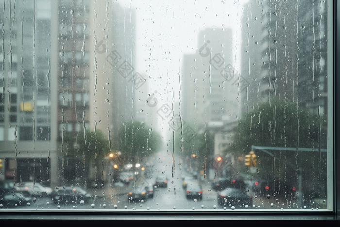 窗外的雨天城市朦胧下雨雨季