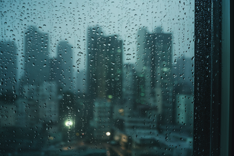 窗外的雨天城市朦胧下雨大厦