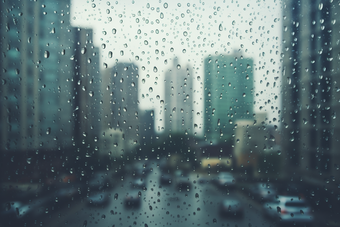 窗外的雨天城市朦胧下雨建筑