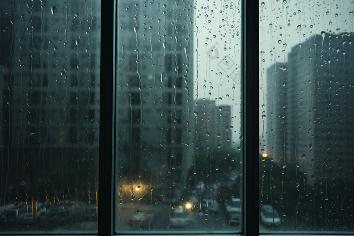 窗外的雨天城市朦胧下雨高楼
