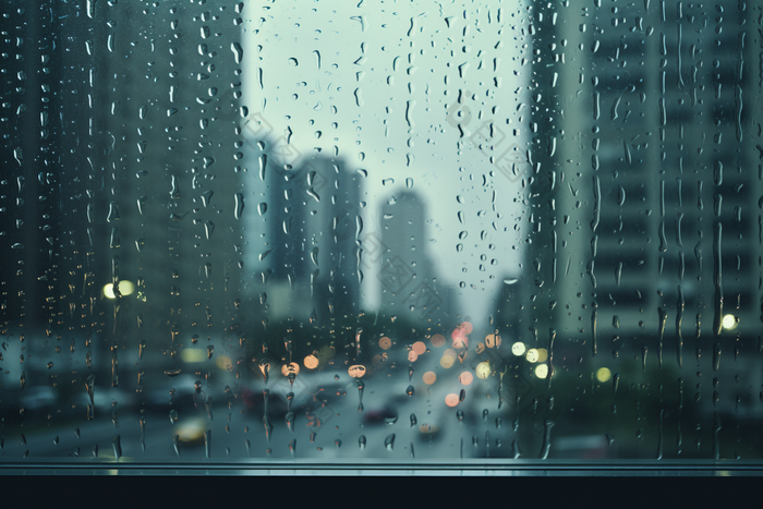 窗外的雨天城市朦胧下雨玻璃