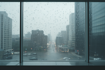 窗外的雨天城市朦胧风景建筑