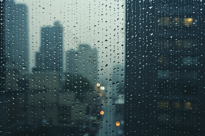 窗外的雨天城市朦胧高楼大厦