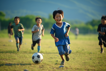一群孩子在草地上踢足球男孩亚洲