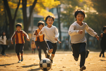 一群孩子在草地上踢足球男孩肖像