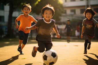 一群孩子在草地上踢足球人物亚洲
