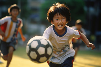 一群孩子在草地上踢足球人物运动