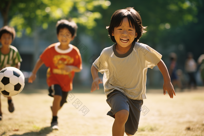 一群孩子在草地上踢足球男孩人物特写