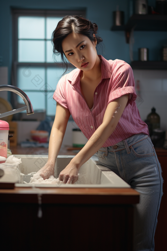 在<strong>厨房</strong>洗碗的家庭主妇清洁卫生做家务