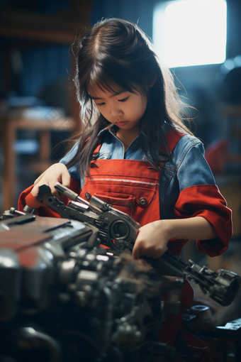 正在研究机械的孩子学习人物特写