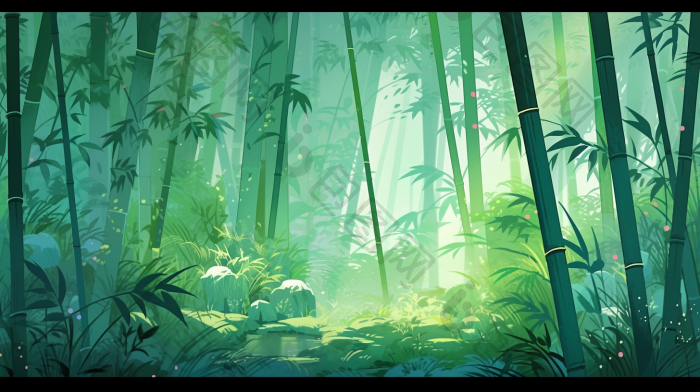 幽静翠绿竹林树木近景插画图片-包图网