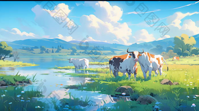 草原自然牧场湖泊风景插画图片-包图网