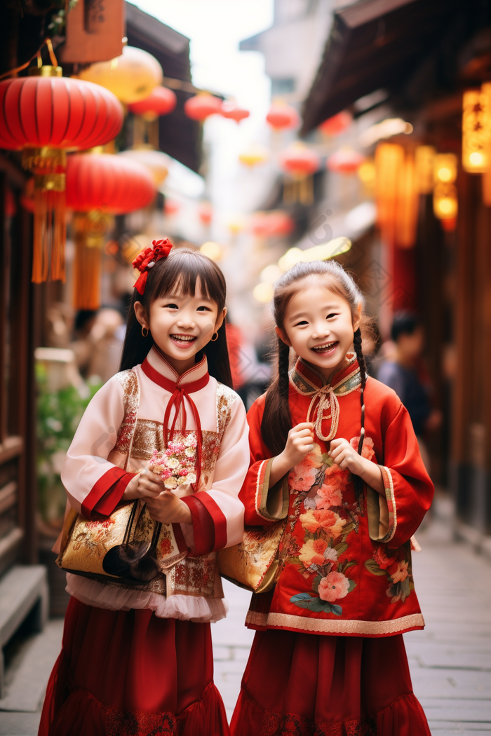 春节穿着新衣服的孩子可爱过年