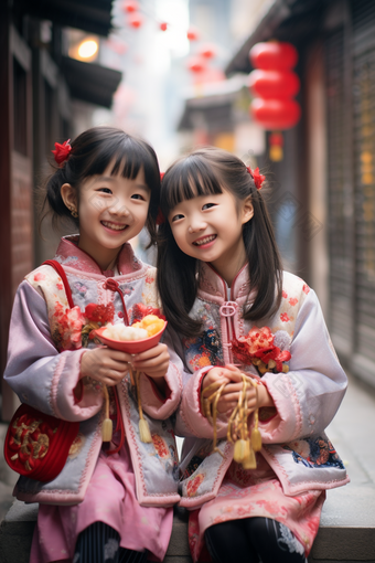 春节穿着新衣服的孩子可爱乖巧