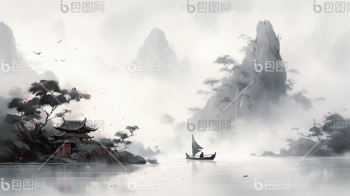 古风典雅水墨山水泼墨建筑插画图片-包图网