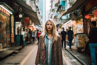 城市街道人物女生暖色调