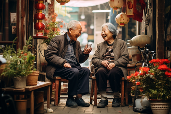 坐在街上的老夫妻奶奶女性