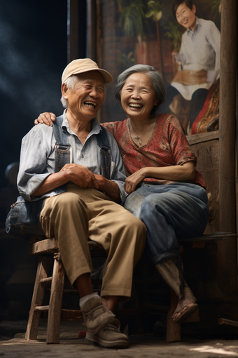 坐在街上的老夫妻奶奶肖像照