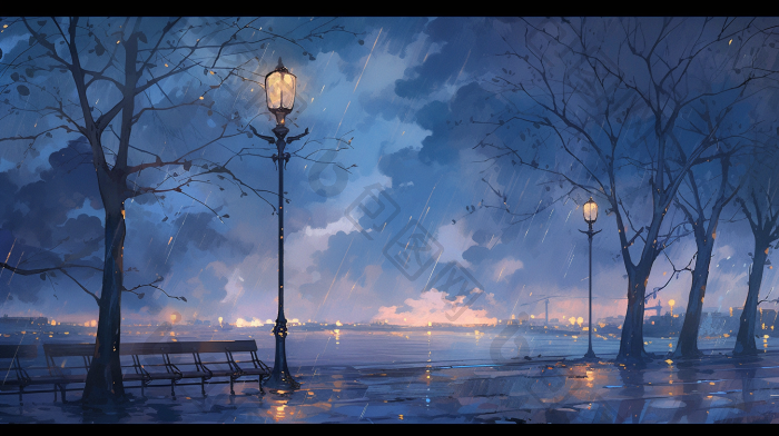 夜晚街边雨景细雨逼真插画图片-包图网