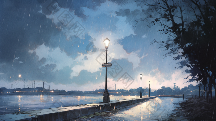 夜晚街边雨景下雨水面插画图片-包图网