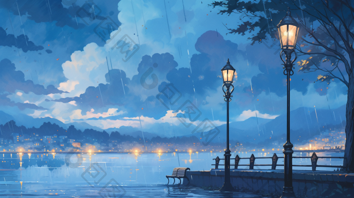 夜晚街边雨景细雨插画图片-包图网