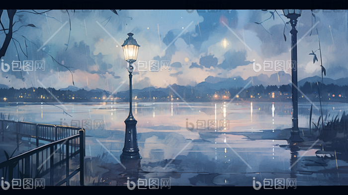 夜晚街边雨景下雨空间感插画图片-包图网