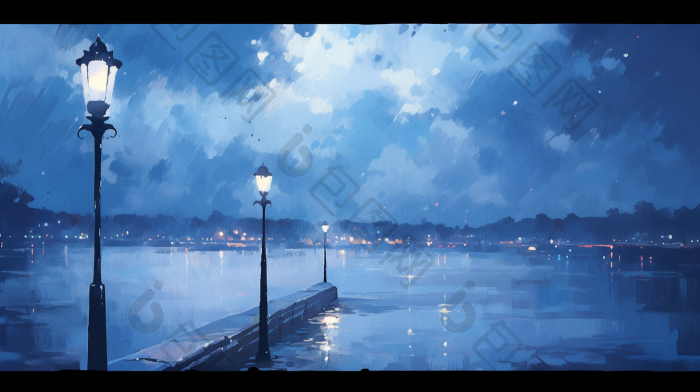 夜晚街边雨景细雨倒影插画图片-包图网