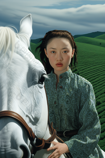 骑马的蒙古年轻人奔驰草地