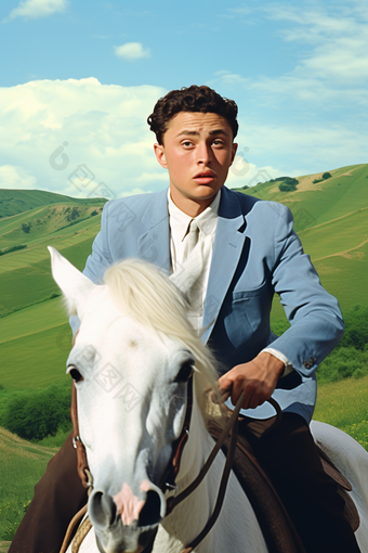 骑马的蒙古年轻人奔驰草坪