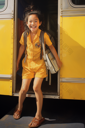 从校车上下来的孩子上学黄色