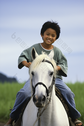 骑马的孩子奔驰草坪