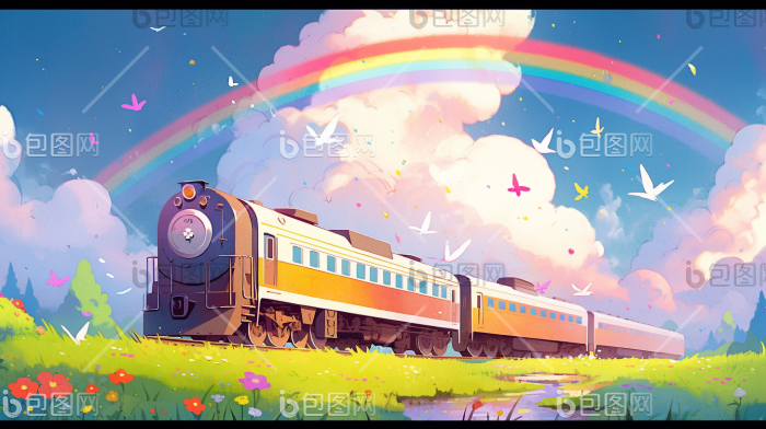田野上的彩虹列车火车旅行插画图片-包图网