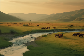 草原牧场动物河流
