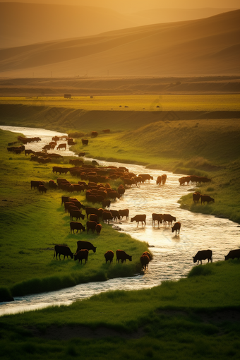 草原牧场竖图动物河流