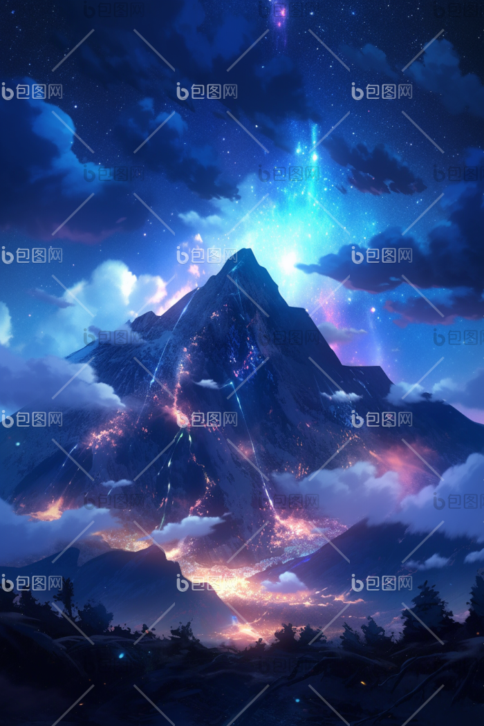 山脉瀑布流水夜晚写意插画图片-包图网