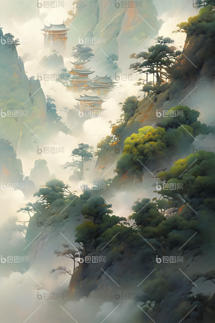 虚幻迷雾山脉高山云雾插画图片-包图网