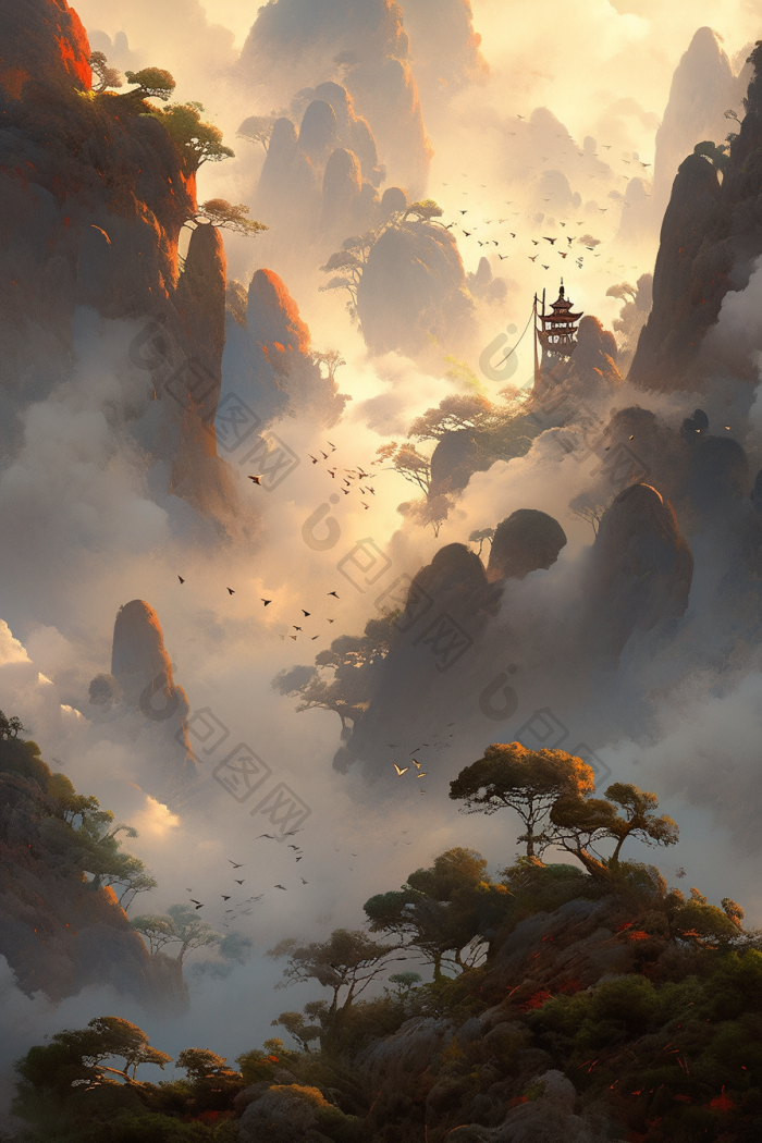 虚幻迷雾山脉插画图片-包图网