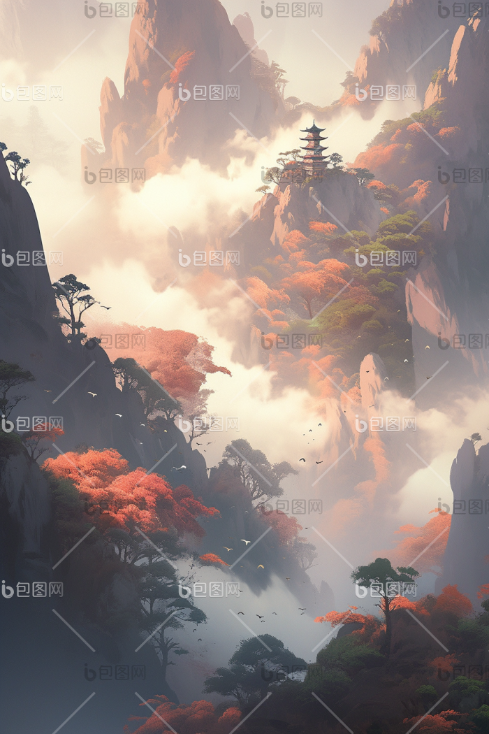 虚幻迷雾山脉高山自然插画图片-包图网