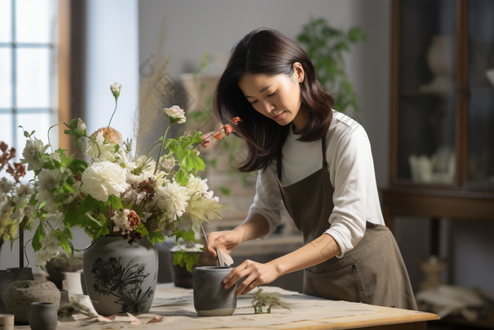 女士插花朵摆放